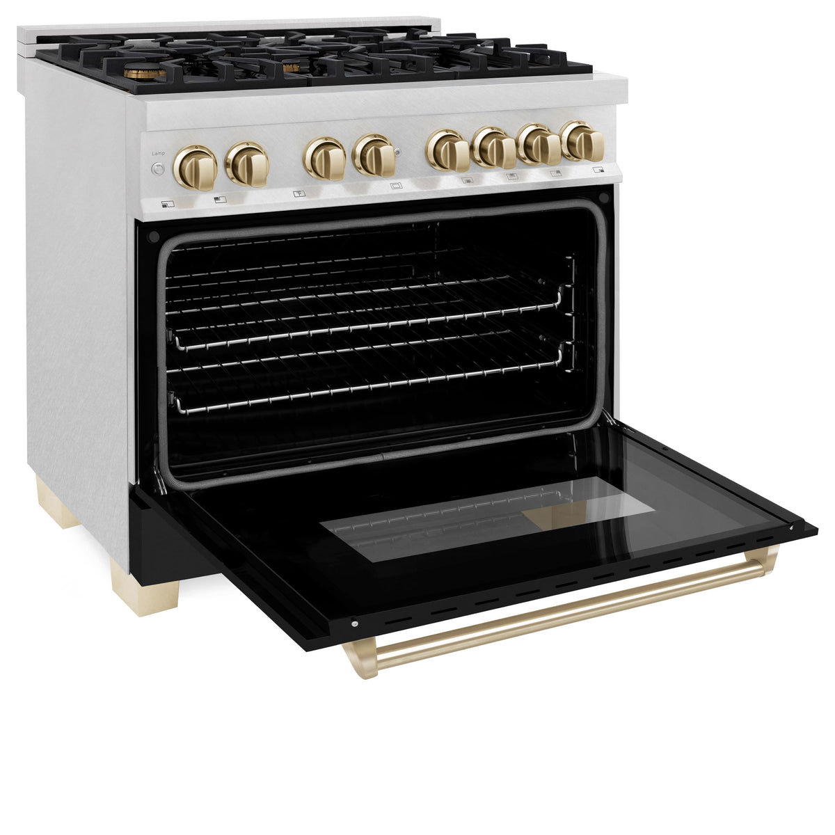 ZLINE - 36 in. Wide 6 Burner Autograph Legacy Dual Fuel Range in Satin Steel w/ Black & Gold Accents (RASZ-BLM-36-G) - Black Matte