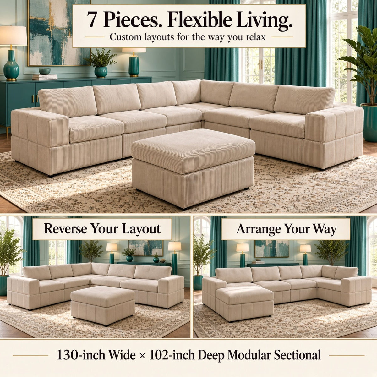Oversized Modular Sectional Sofa, Reversible With Ottoman
