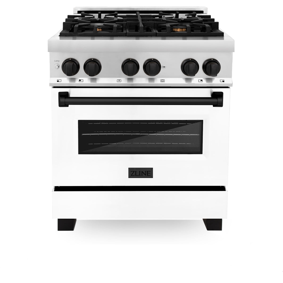 ZLINE - 30 in. Wide 4 Burner Autograph Legacy Dual Fuel Range with White & Black Accents (RAZ-WM-30-MB) - Stainless Steel/Matte White