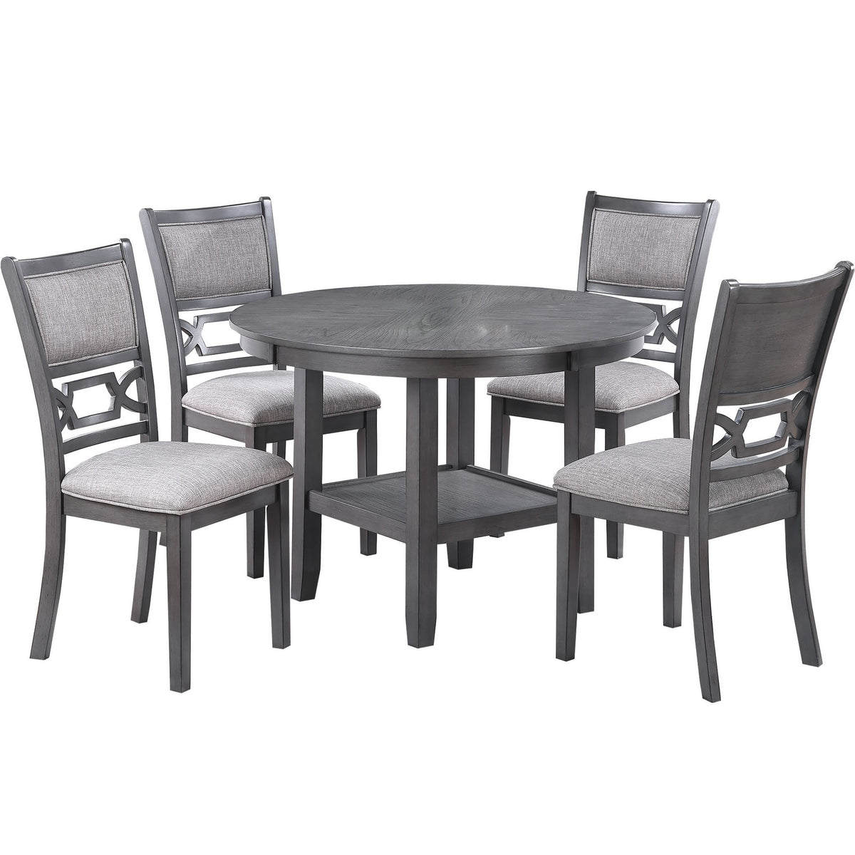 Juego de comedor de 5 piezas con estantes de almacenamiento, mesa redonda y sillas laterales tapizadas - Gris