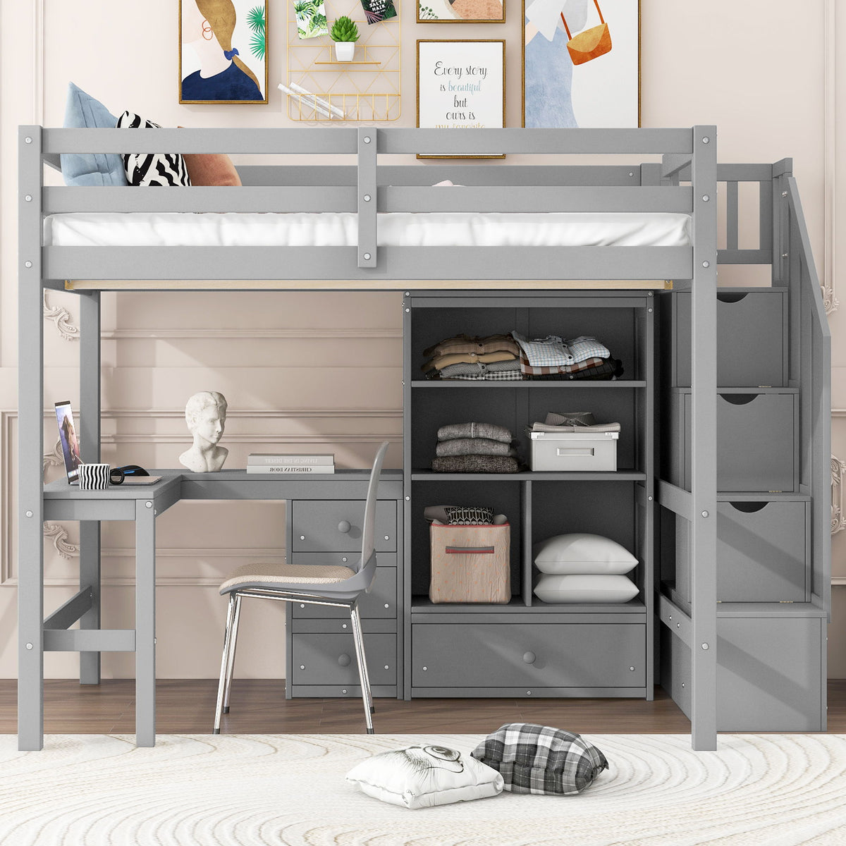 Loft Bed & L Shaped Desk, Drawers, Cabinet, And Storage Staircase