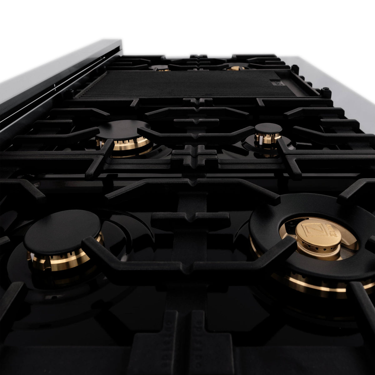 ZLINE - 48 in. Wide 7 Burner Autograph Legacy Dual Fuel Range in Satin Steel w/ Black & Gold Accents (RASZ-BLM-48-G) - Black Matte