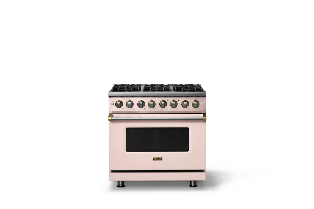 Viking - 36"W 5.6 Cu.Ft. Pro5S Freestanding Sealed 6 Burner Dual Fuel Convection LP Range - Blush w. Brushed Brass Trim - Blush