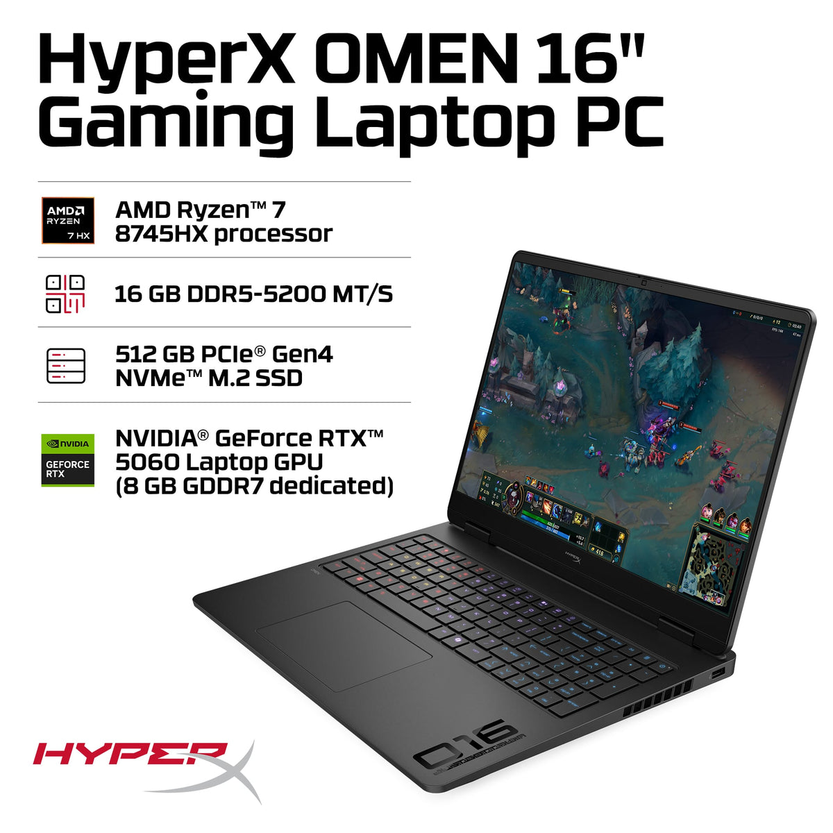 HyperX - OMEN 16" 165Hz 2.5K OLED Gaming Laptop - AMD Ryzen 7 8745HX (2025) - 16GB Memory - NVIDIA GeForce RTX 5060 - 512GB SSD - Shadow Black