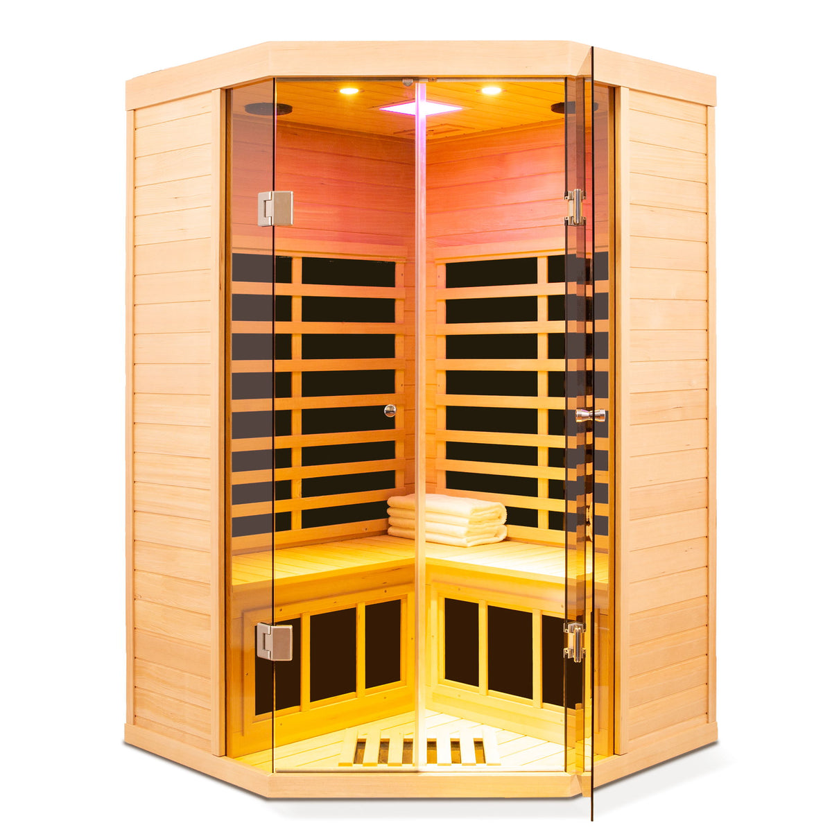 2 Persons Large Glass Front Deluxe Version Hemlock Far Infrared Corner Sauna Room - Natural