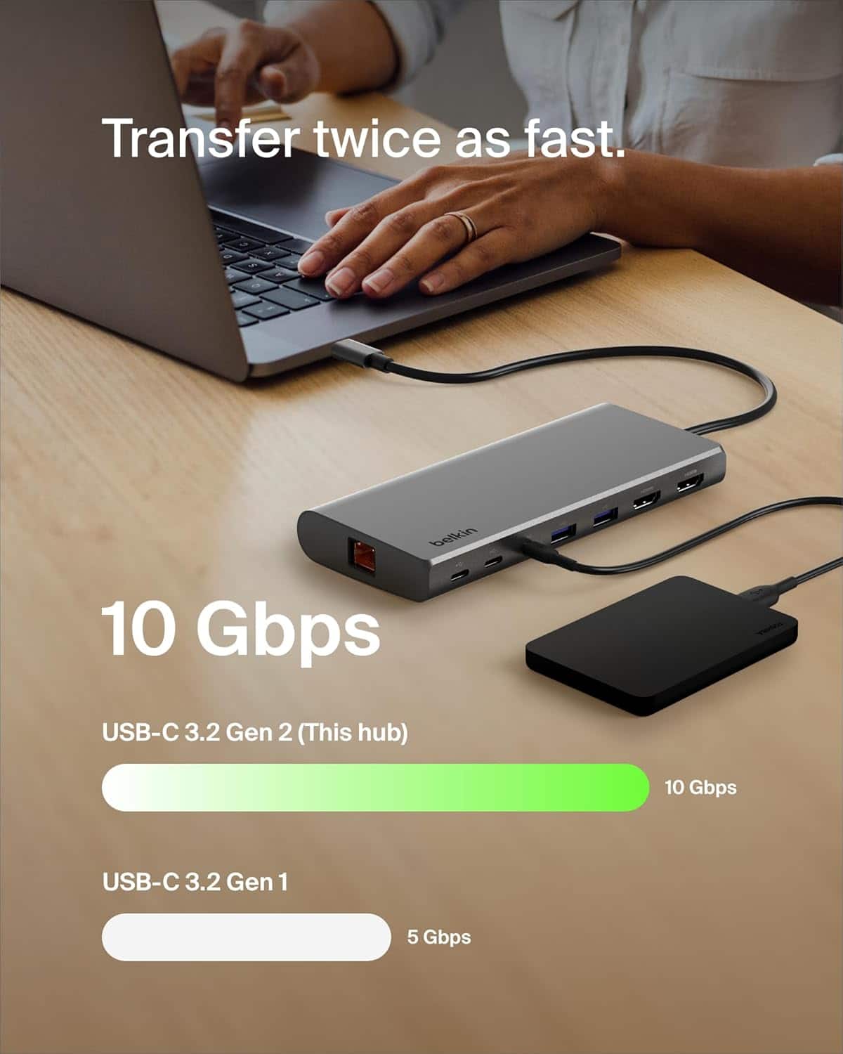 Belkin - Connect Universal USB-C 8-in-1 Dual Display Core Hub Compatible with 100W PD with 10Gbps Transfer Speeds & 1GbE Ethernet - Gray
