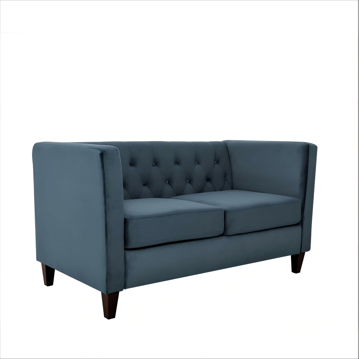 Sofá de dos plazas con botones capitoné, tapizado y con brazos cuadrados para sala de estar - Azul marino