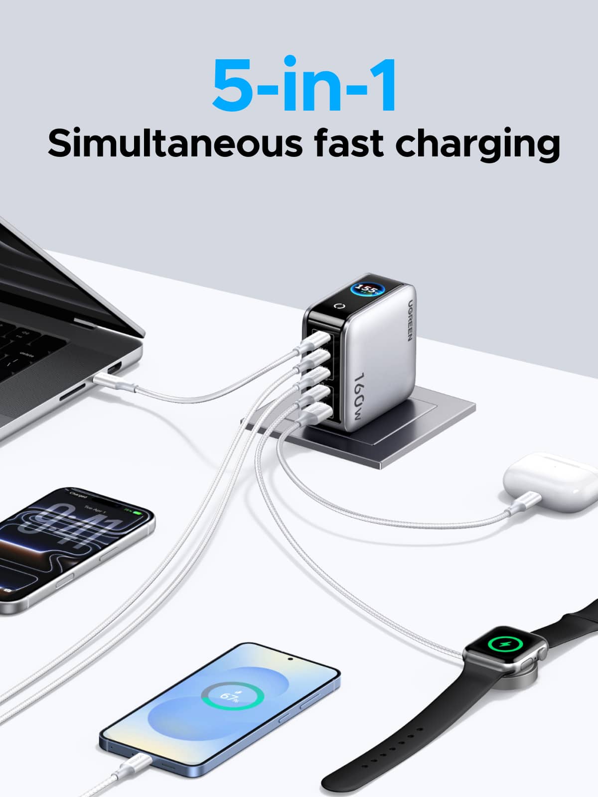 UGREEN - Nexode Pro 160W 5-Port USB-C Charger Block with Smart Display, Fast GaN Charger for MacBook Pro, Laptops, iPhone Series - Starlight Grey