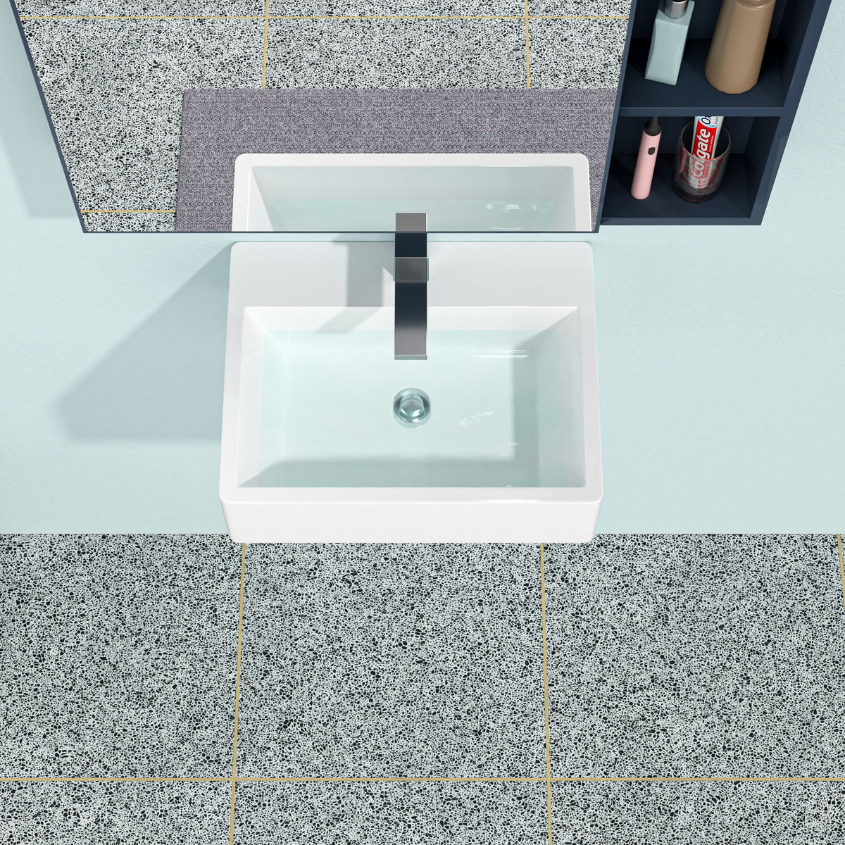 Modern Ceramic Rectangular Wall Mounted Bathroom Sink With Faucet Hole & Overflow