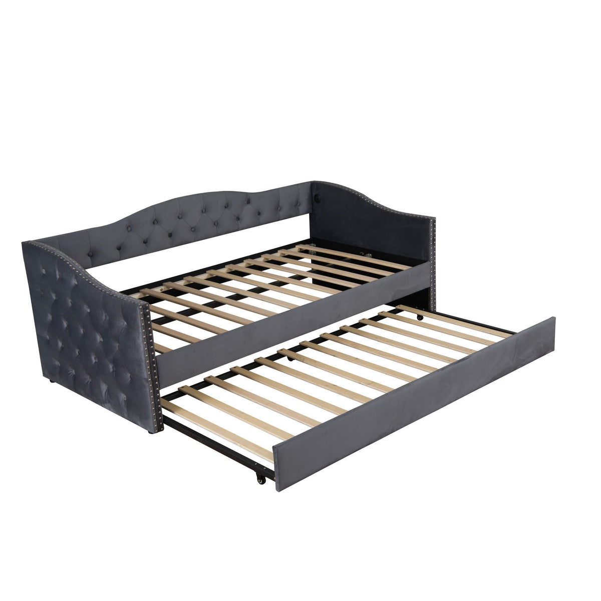 Cama nido tapizada individual con cama auxiliar y diseño de carga USB para dormitorio - Gris