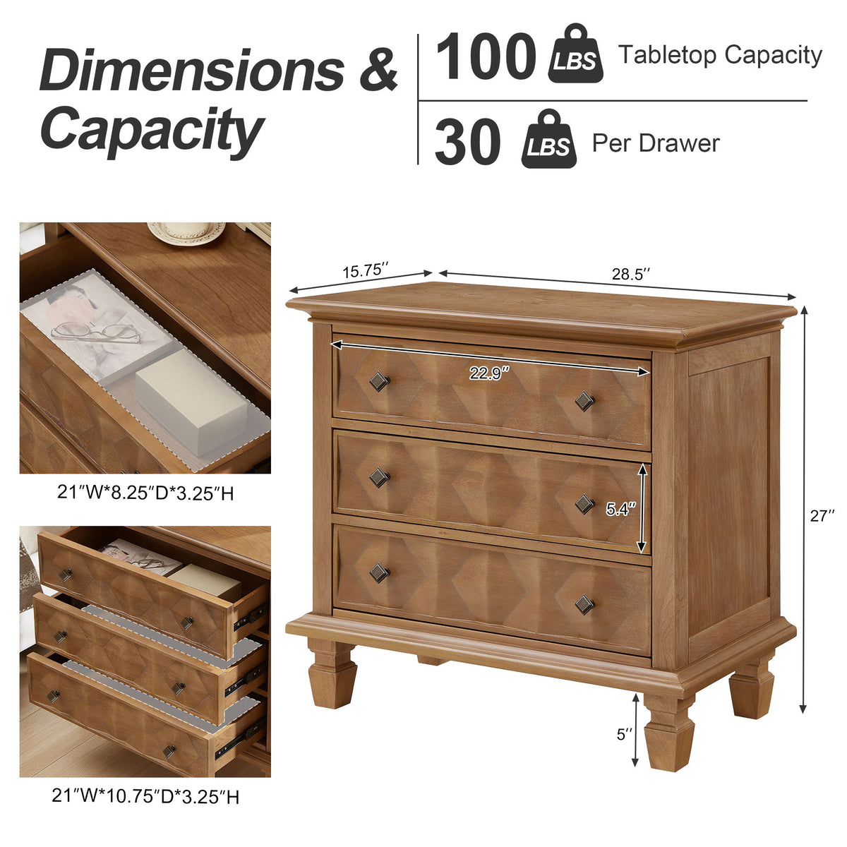 Mesita de noche con estación de carga, mesa de noche de 3 cajones - Madera natural