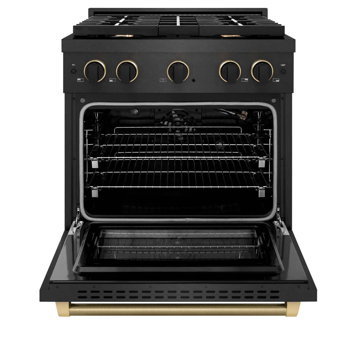 30 in. Wide 4 Burner ZLINE Designer 4.2 cu. ft. Manual Clean Freestanding Gas Range with Black and Bronze Accents - Black Satin Stainless Steel