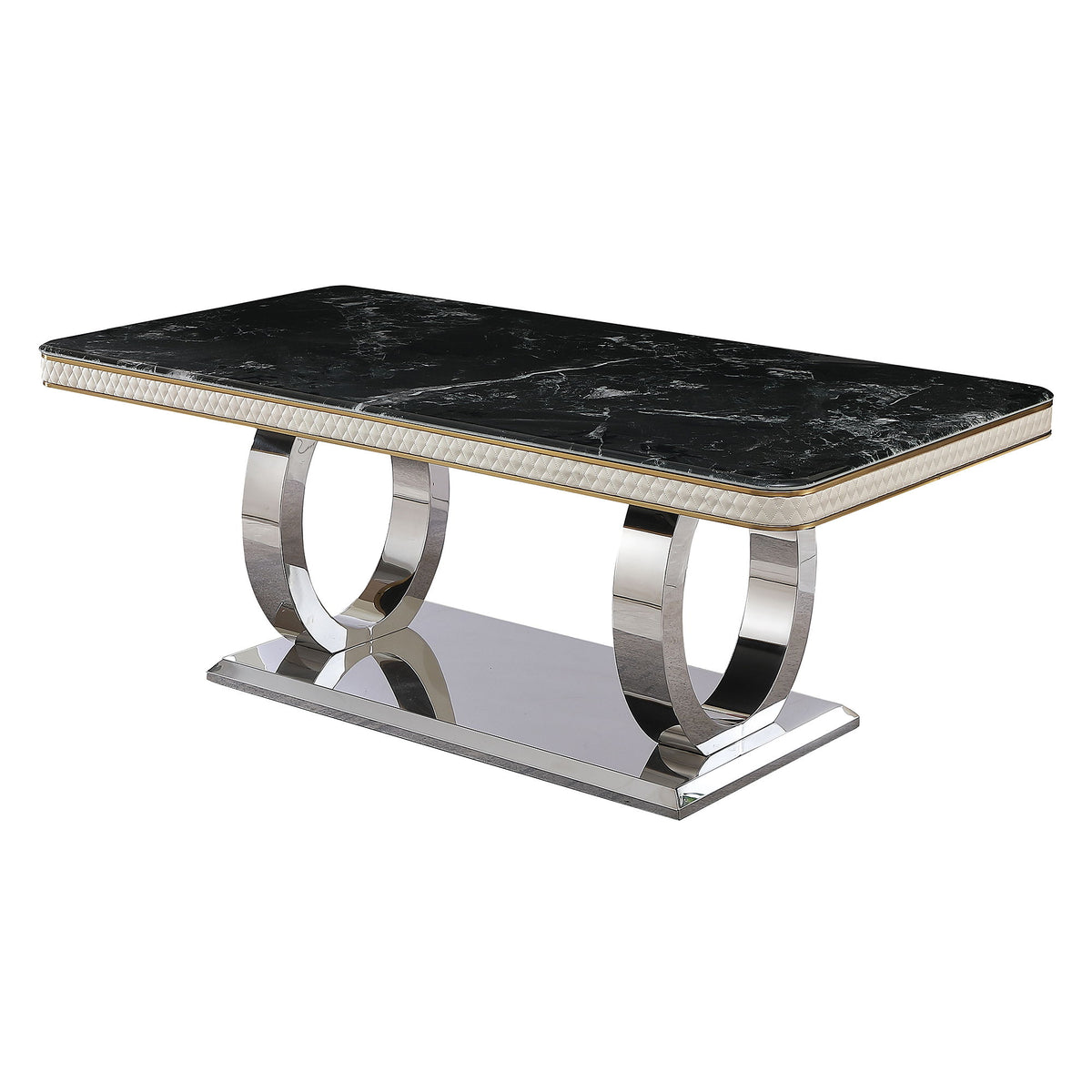 Luxury Modern Dining Table With Faux Marble Top And Dual Circle Base - Black