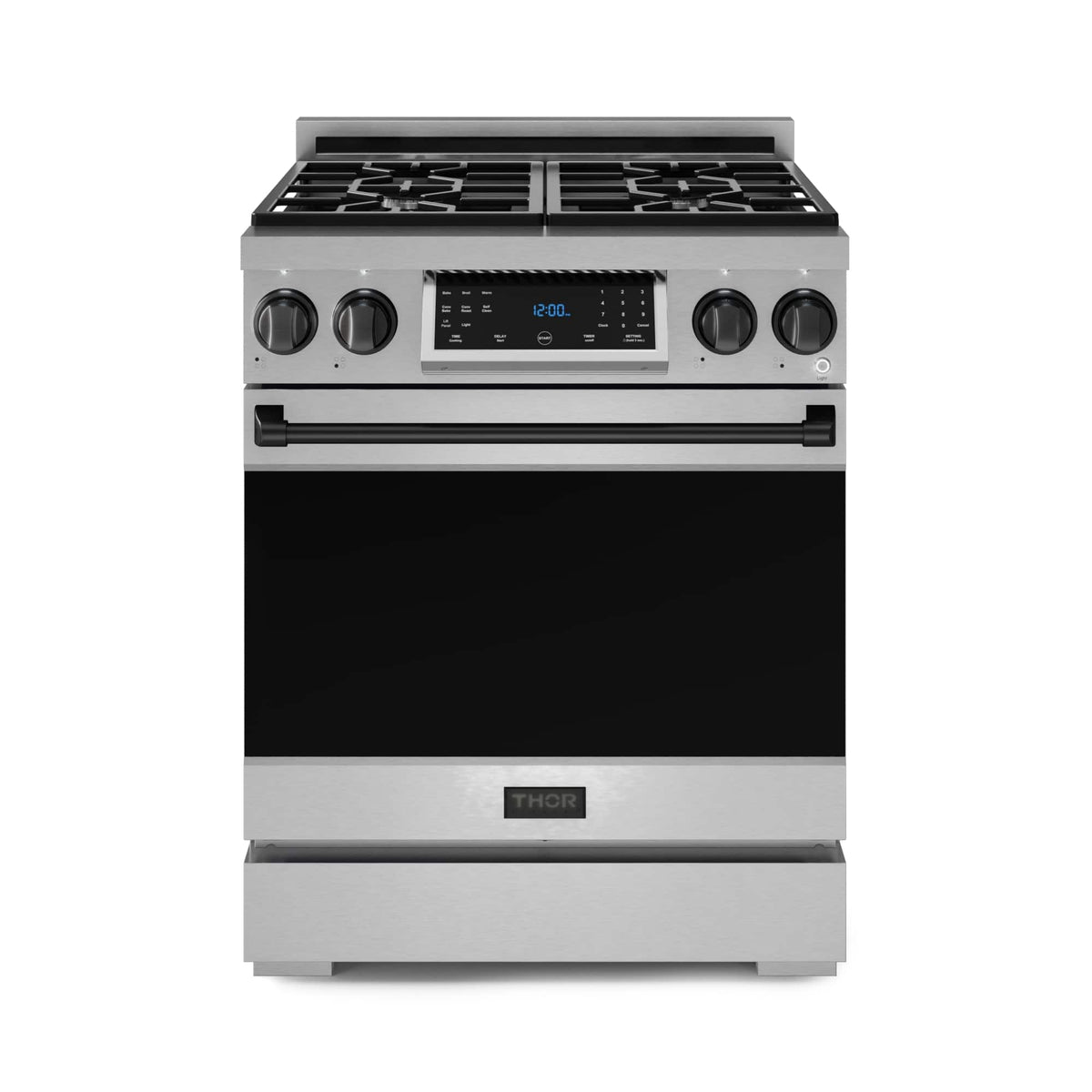 30 in. Wide 4 burner Gordon Ramsay Series by Thor Kitchen 4.55 Cu. Ft Freestanding Gas Range with Black Hardware - Stainless Steel