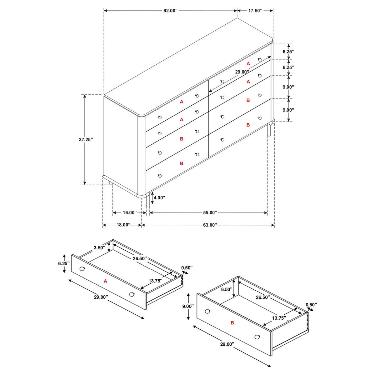 Anser - 8 Drawer Dresser - Black