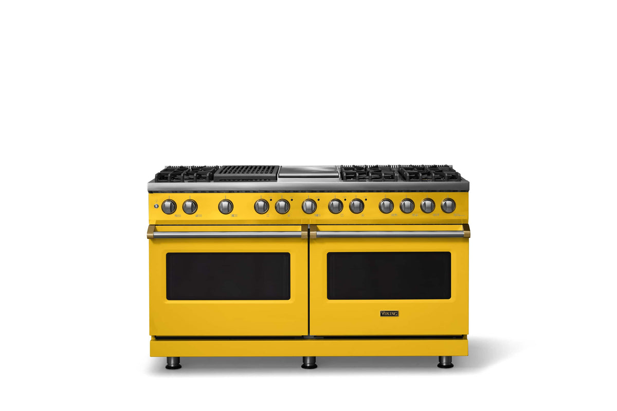Viking - 60"W. 8 Burner Pro 5 Series 9.4 Cu. Ft. Freestanding Sealed LP Dual Fuel ConvectionRange with Brushed Brass Trim - Daffodil