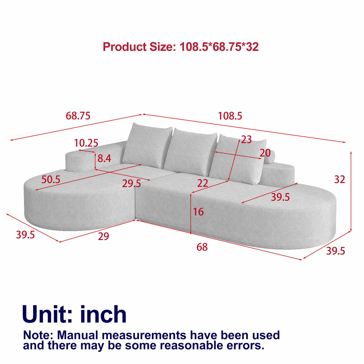 Sofá Curvo Moderno, Juego Seccional Modular en Forma de L Con 3 Almohadas