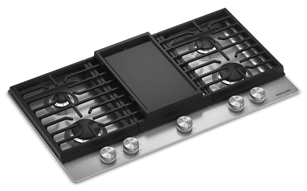 KitchenAid - 36 in. Wide 5 burners Gas Cooktop with Integrated Wok Grate - Stainless Steel
