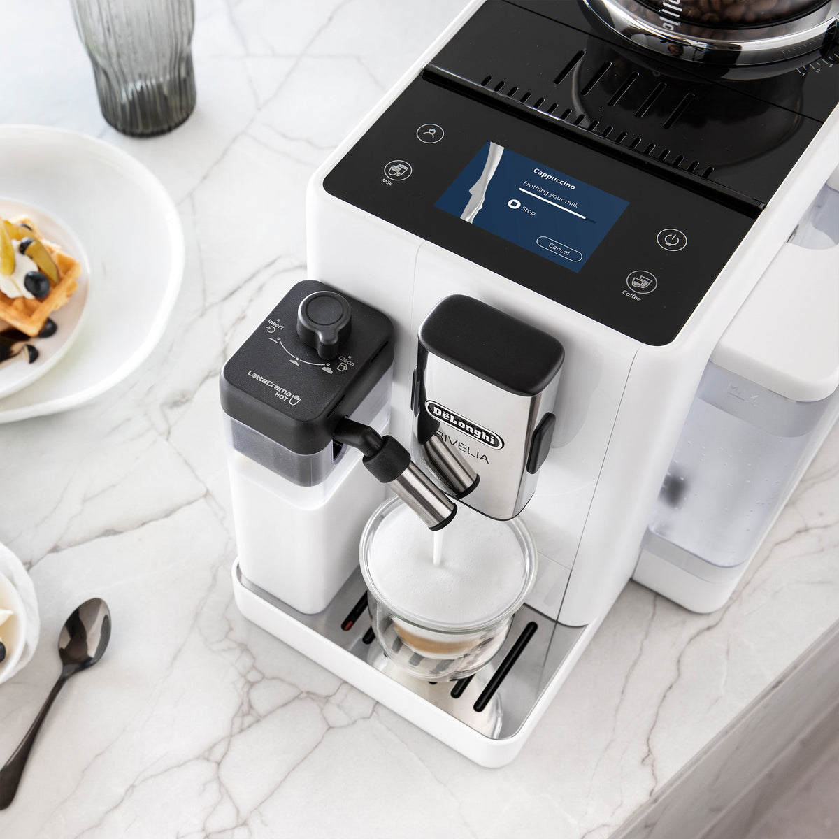 De'Longhi - Rivelia Fully Automatic Espresso Machine, Integrated Grinder, 2 Removable Bean Hoppers, Automatic Milk Frother - Arctic White