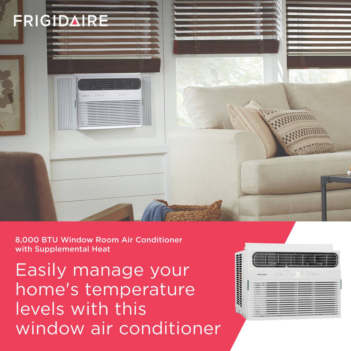 Frigidaire - 115V 8,000 BTU 350 Sq. Ft. Smart Window Air Conditioner with 3,500 BTU Supplemental Heat Function - White
