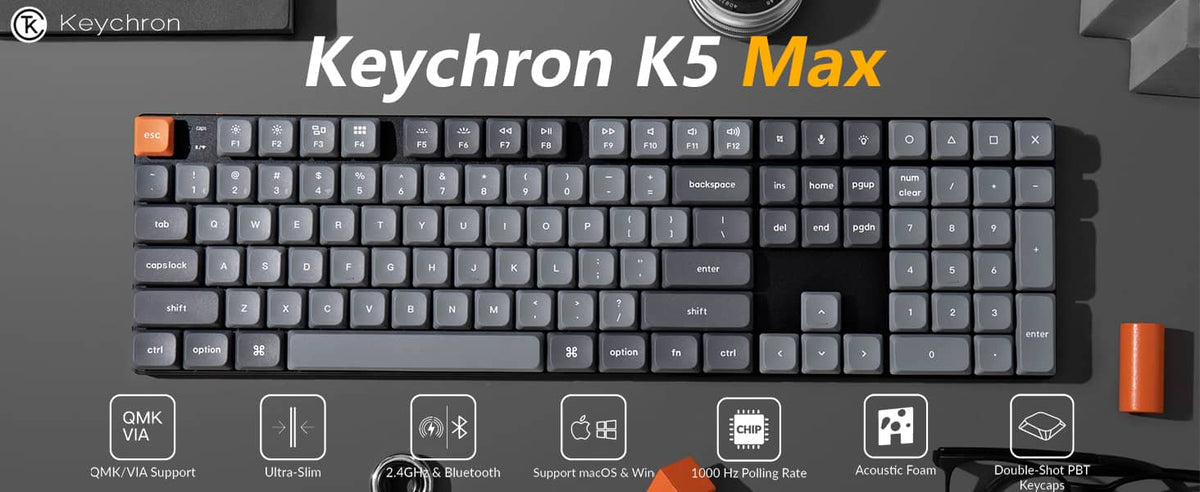 Keychron - K5 Max 100% Custom Wireless RGB Mechanical Keyboard with Programmable QMK/VIA Hot-Swappable Red Switch - Black