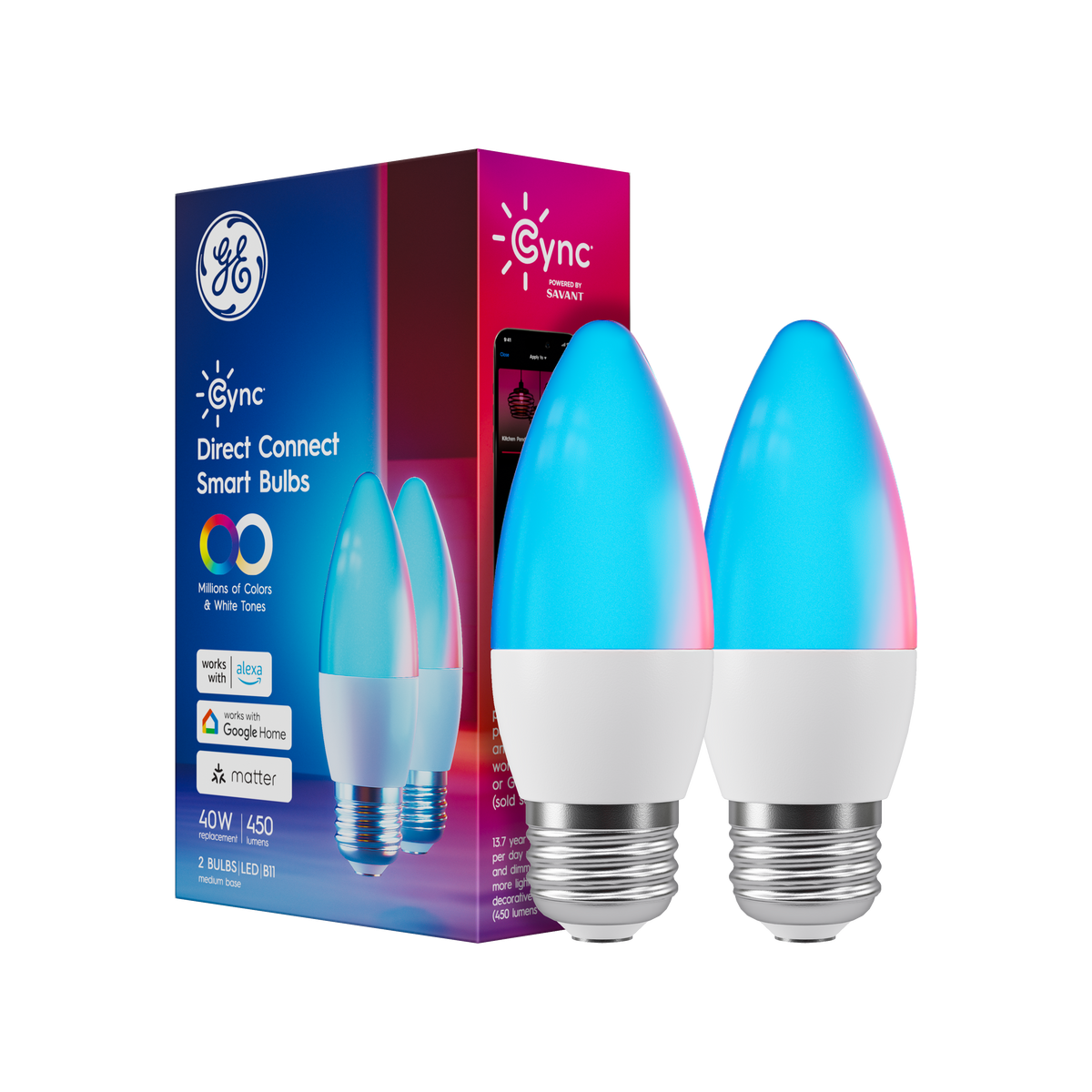 Cync - Decorative Direct Connect B11 Smart LED Bulb (2-Pack) - Full Color