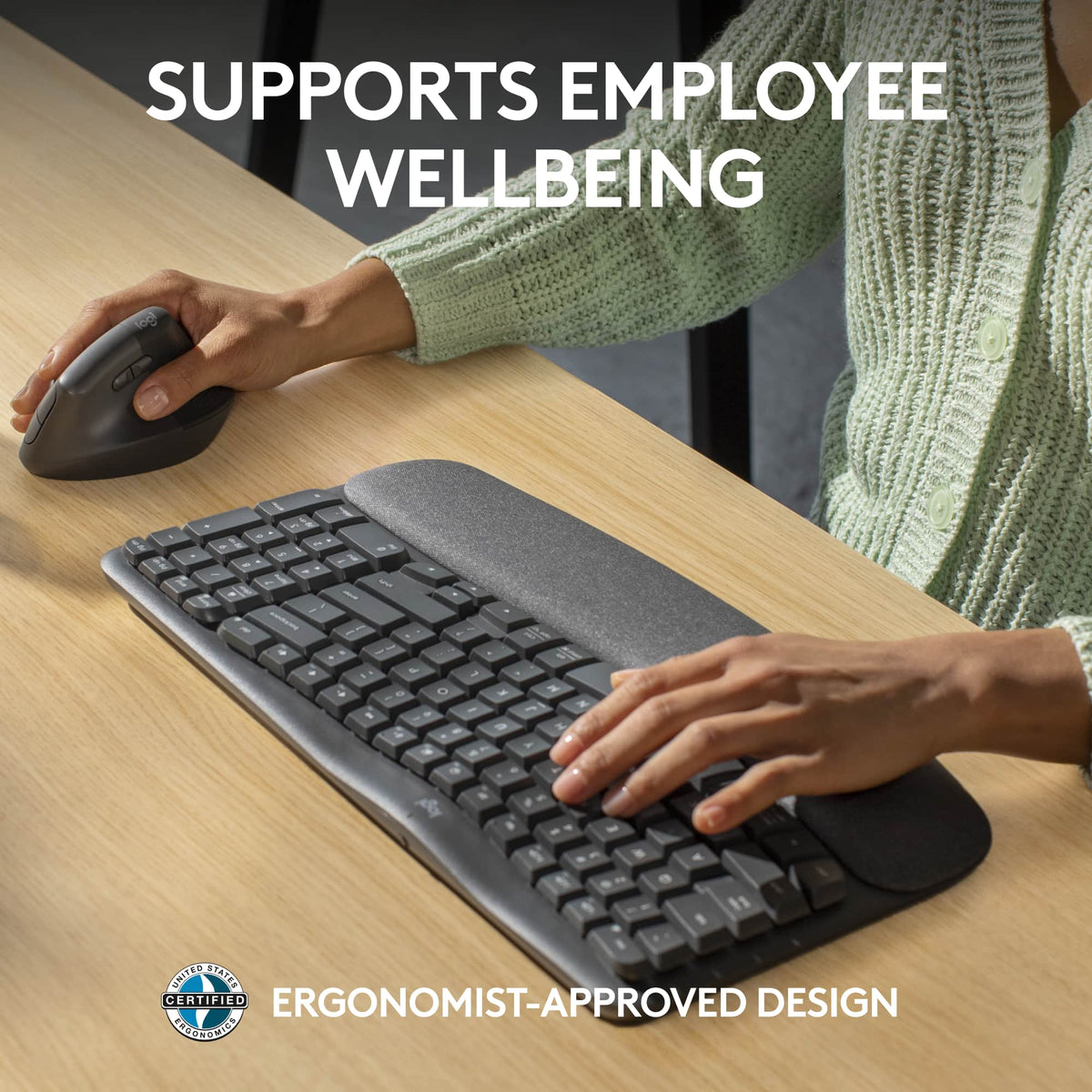 Logitech - Wave Keys For Business Ergonomic Wireless Scissor Tactile Switch Keyboard with Cushioned Palm Rest - Graphite