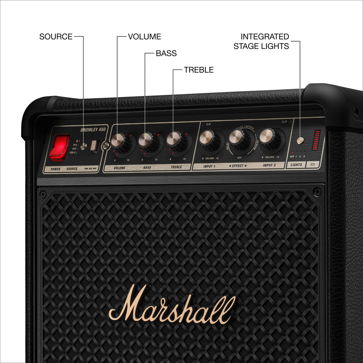 Marshall - Bromley 450 Portable Wireless Party Speaker with Bluetooth / 3.5 mm Auxiliary / RCA / Microphone Inputs and LED Lights - Black/Brass