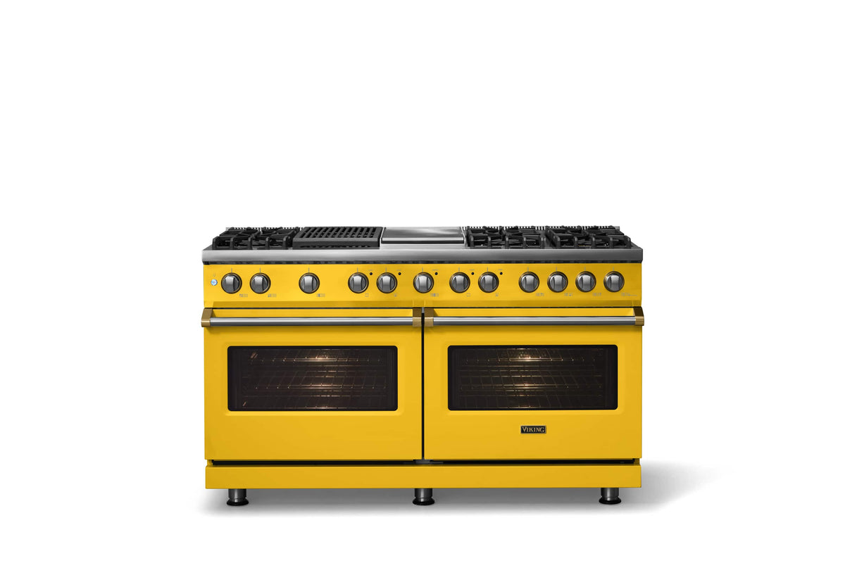 Viking - 60"W. 8 Burner Pro 5 Series 9.4 Cu. Ft. Freestanding Sealed LP Dual Fuel ConvectionRange with Brushed Brass Trim - Daffodil