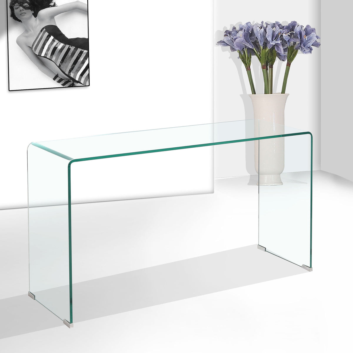 Elegant Transparent Tempered Glass Console Table With Rounded Edges, Modern Sofa Table - Clear