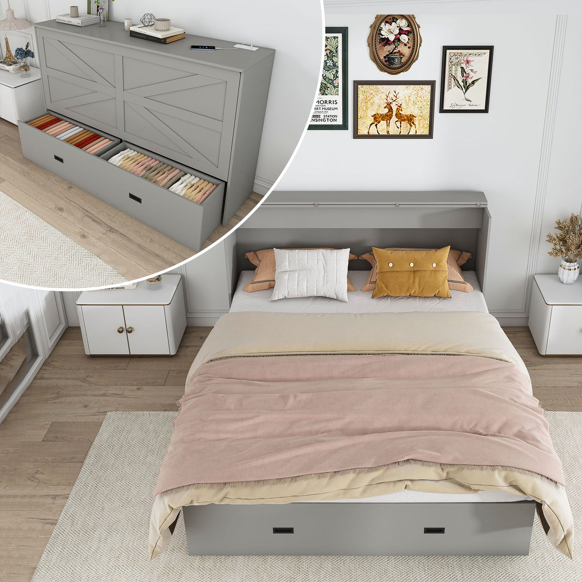 Cama Murphy matrimonial con cajones de almacenamiento, estación de carga, paneles plegables y ruedas giratorias silenciosas