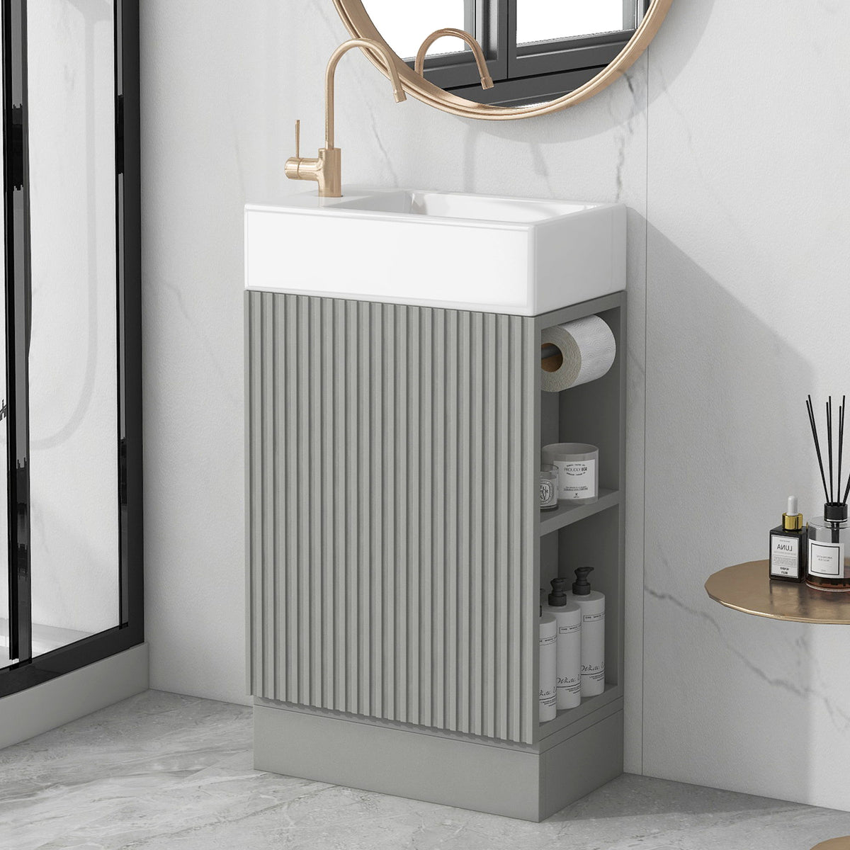 Tocador de baño moderno con lavabo y estante de 2 niveles