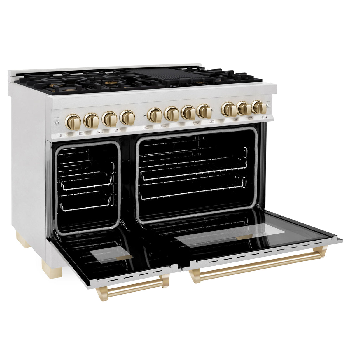 48 in. Wide 8 Burner ZLINE Autograph Legacy Dual Fuel Range in Satin Steel & Gold Accents (RASZ-SN-48-G) - Stainless Steel