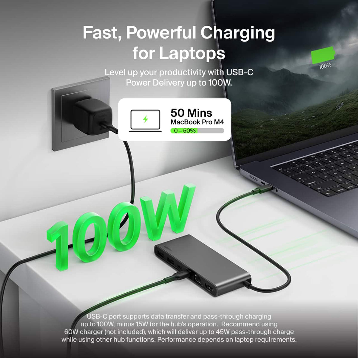 Belkin - 8-Port Hub w/ 4K HDMI Display @ 60Hz, 100W Power Delivery, Fast Data Transfer 10Gbps, USB-C Multiport Adapter - Space Gray