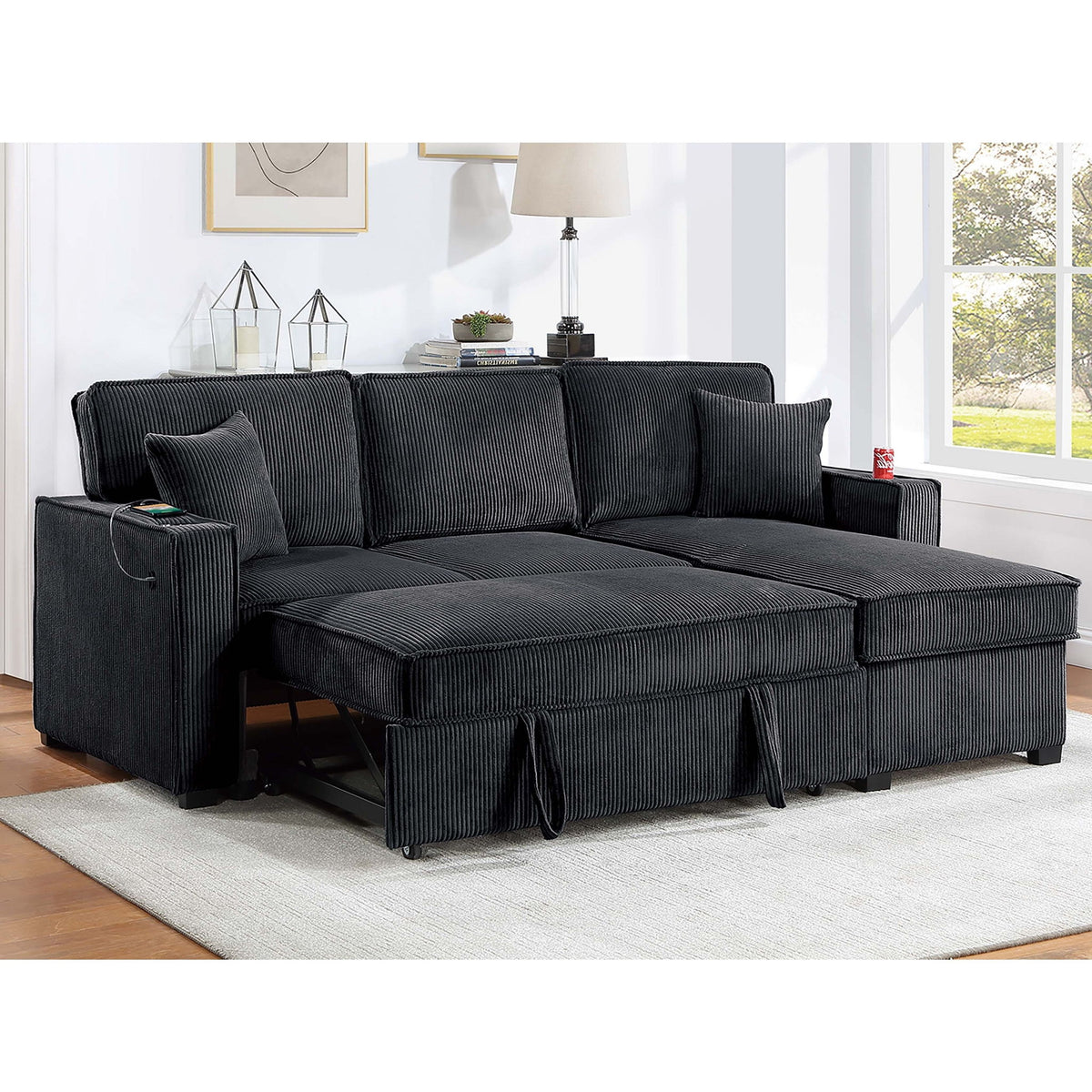 Sofá seccional convertible con puerto USB / USB-C, chaise longue con almacenamiento y cama extraíble