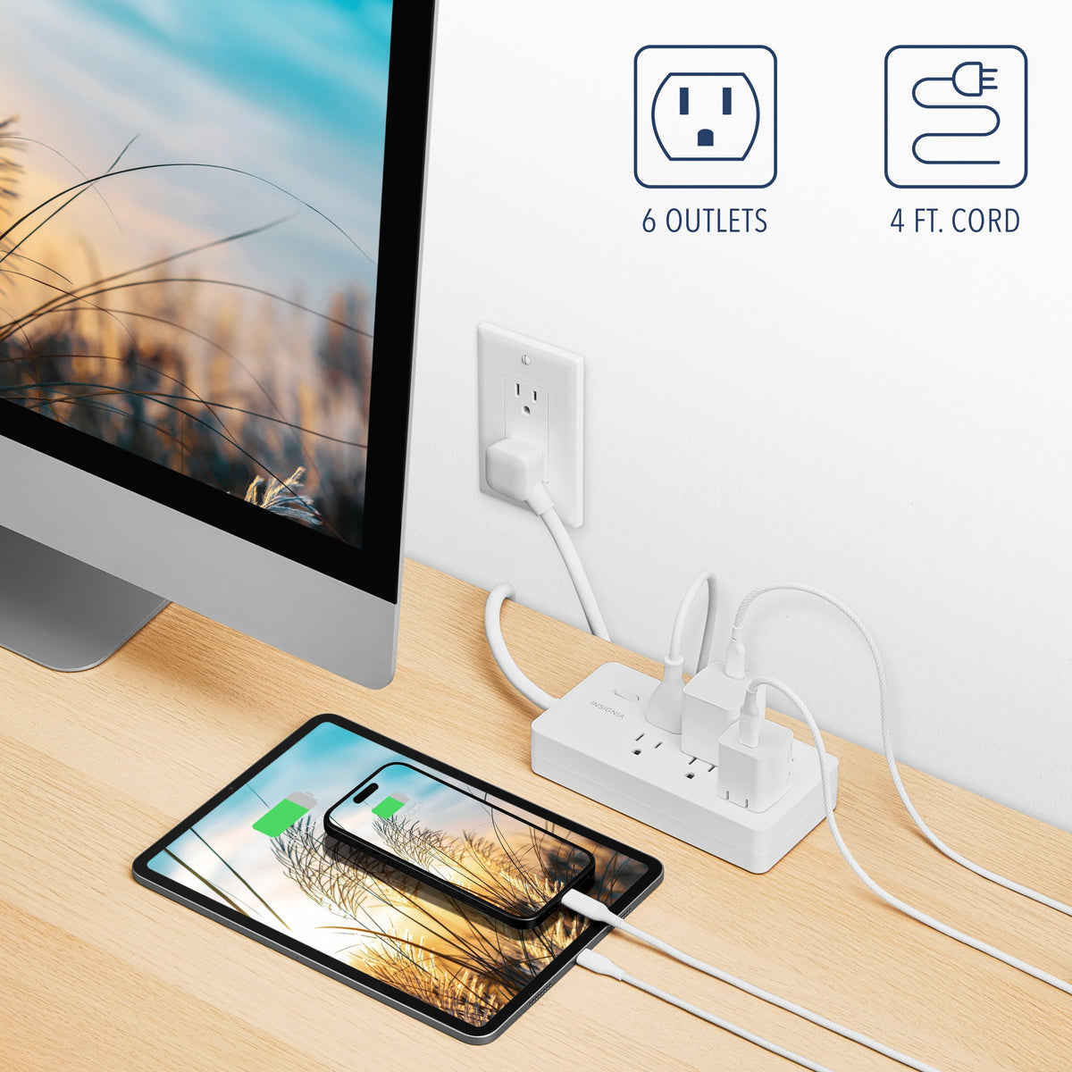 Insignia™ - 4’ 6 Outlet Power Strip with Power Switch - White