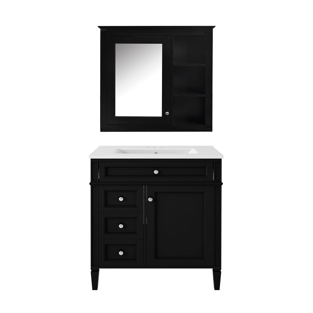 Mueble de baño con botiquín, Armario con espejo Royal, Mueble de almacenamiento de baño moderno con 2 puertas de cierre suave y 4 cajones