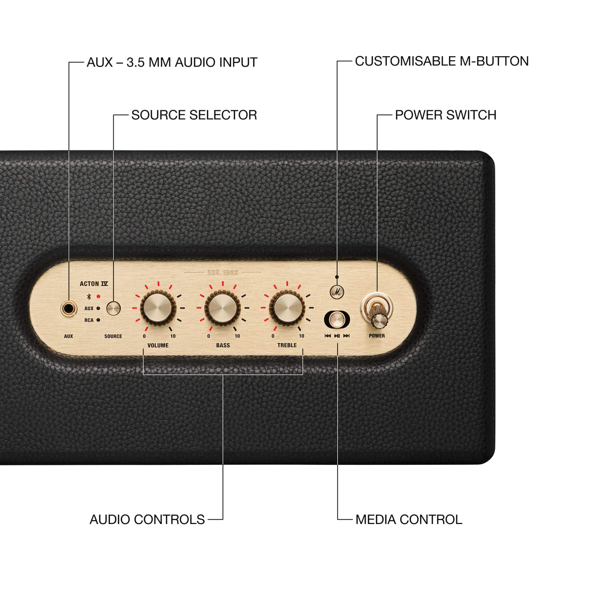 Marshall - Acton IV Bluetooth Home Speaker with Volume / Bass / Treble Controls and 3.5 mm Auxilary / RCA Inputs - Black