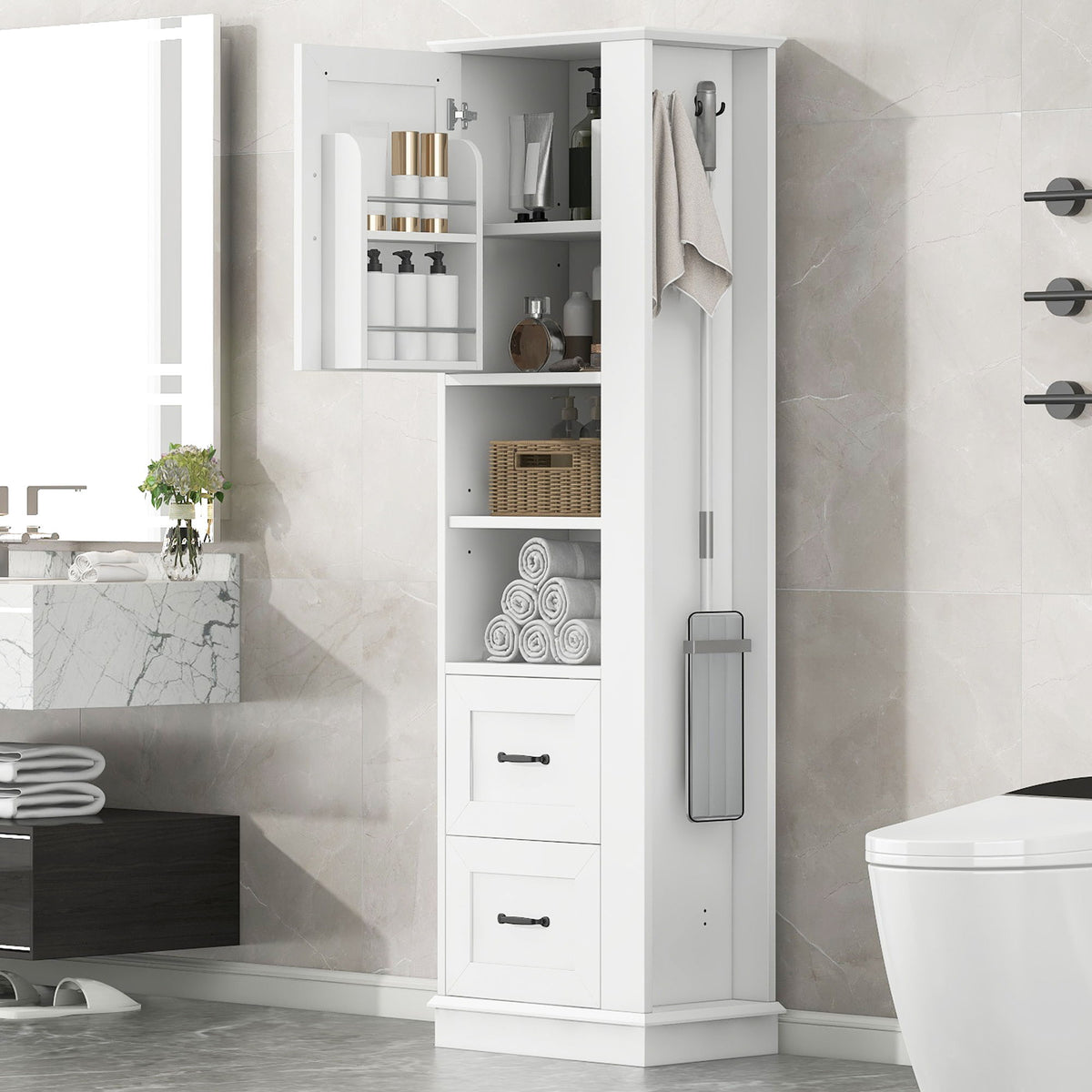 Armario de almacenamiento de baño independiente con estantes ajustables y panel de ganchos laterales, diseño rectangular
