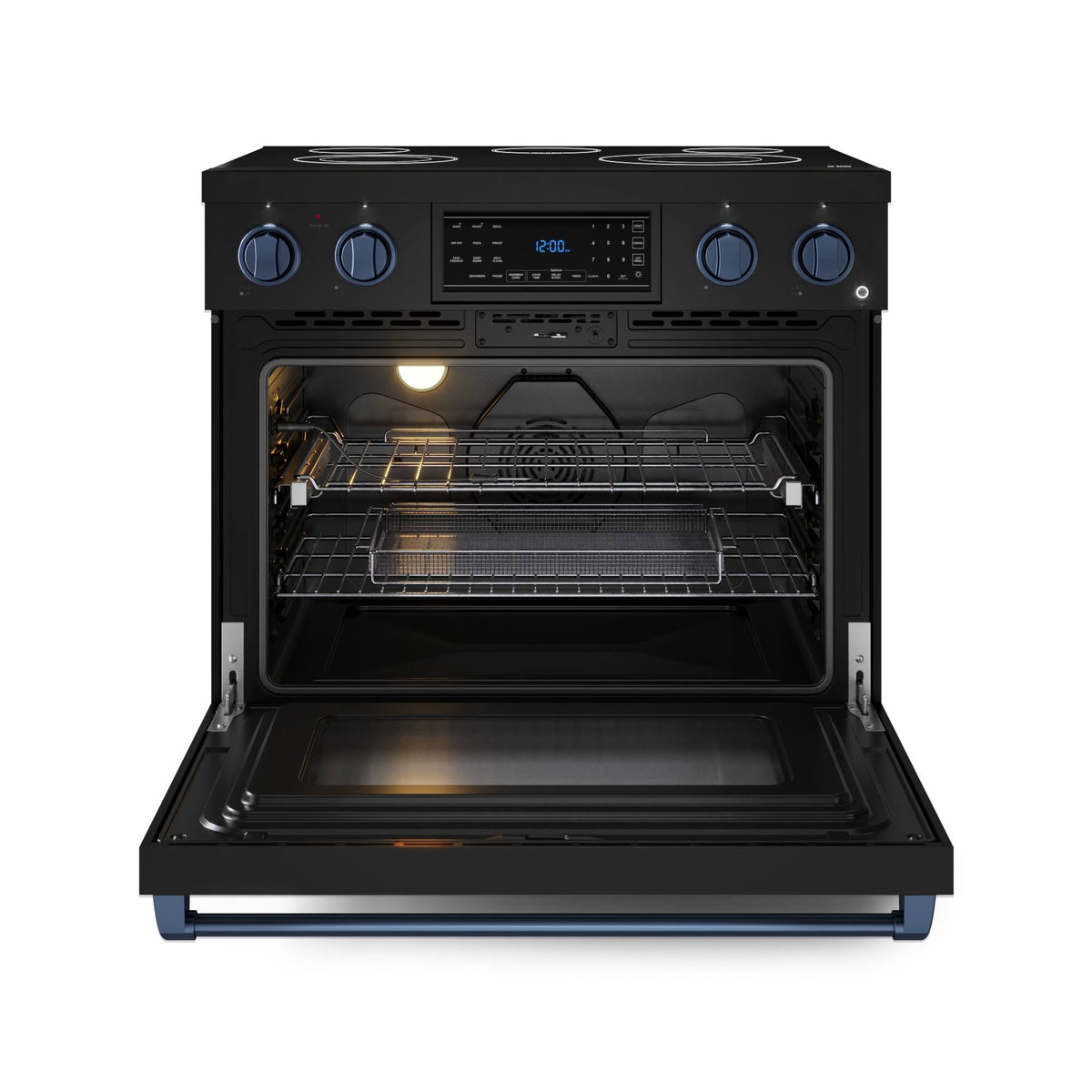36 in. Wide 5 Elements Gordon Ramsay Series by Thor Kitchen 6.0 Cu.Ft Freestanding Electric Range with Navy Blue Handles - Black