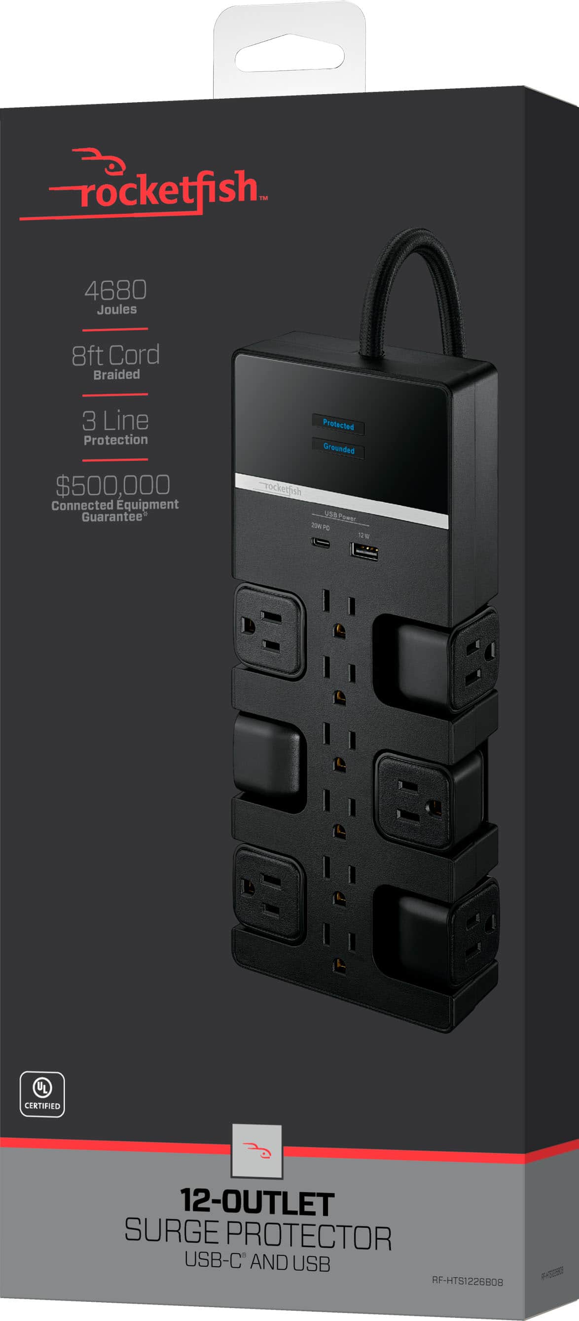 Rocketfish™ - 12-Outlet 4680 Joules Surge Protector with USB and USB-C - Black