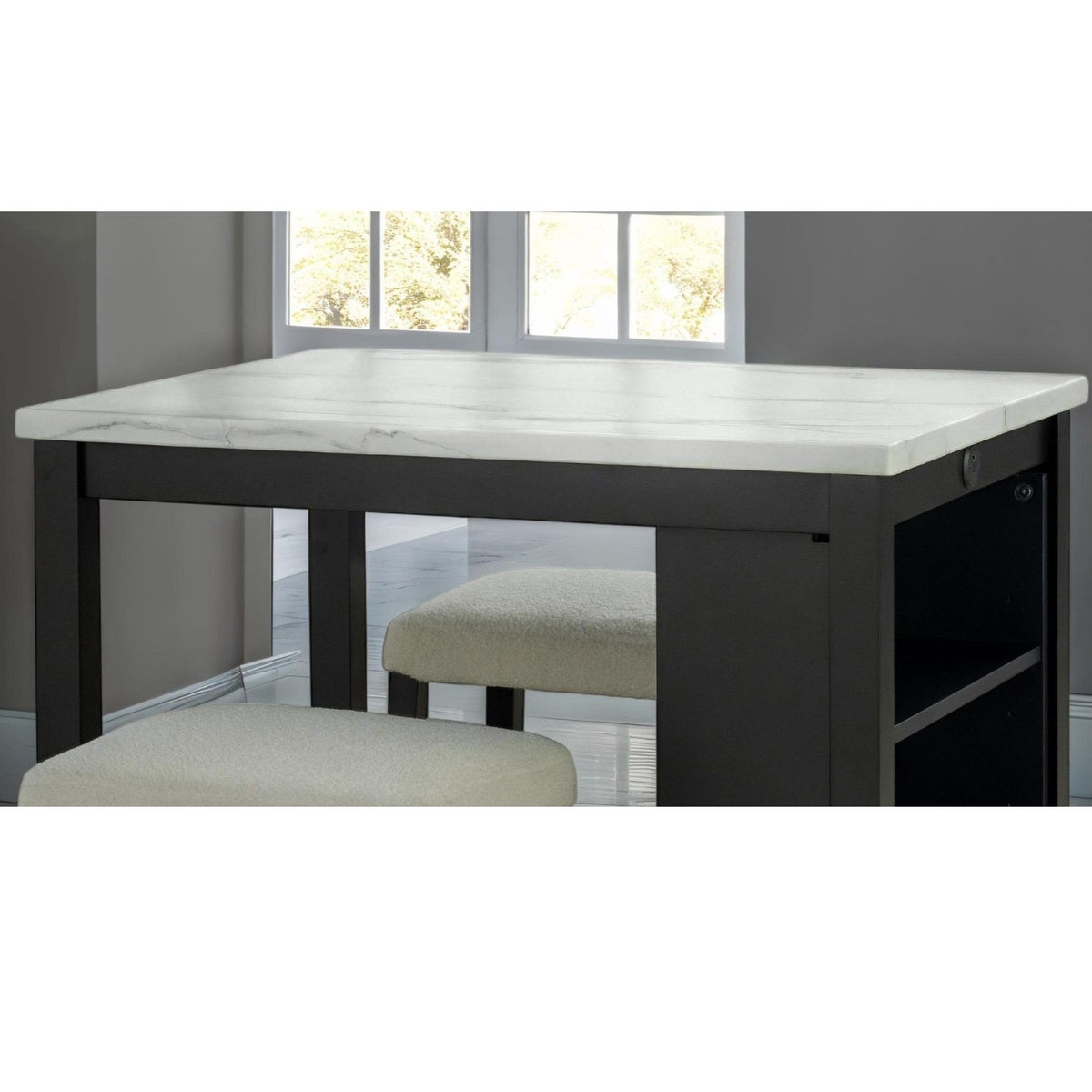Juego de mesa de comedor con estantes de almacenamiento, 3 piezas con 2 taburetes - Negro / Marfil / Blanco