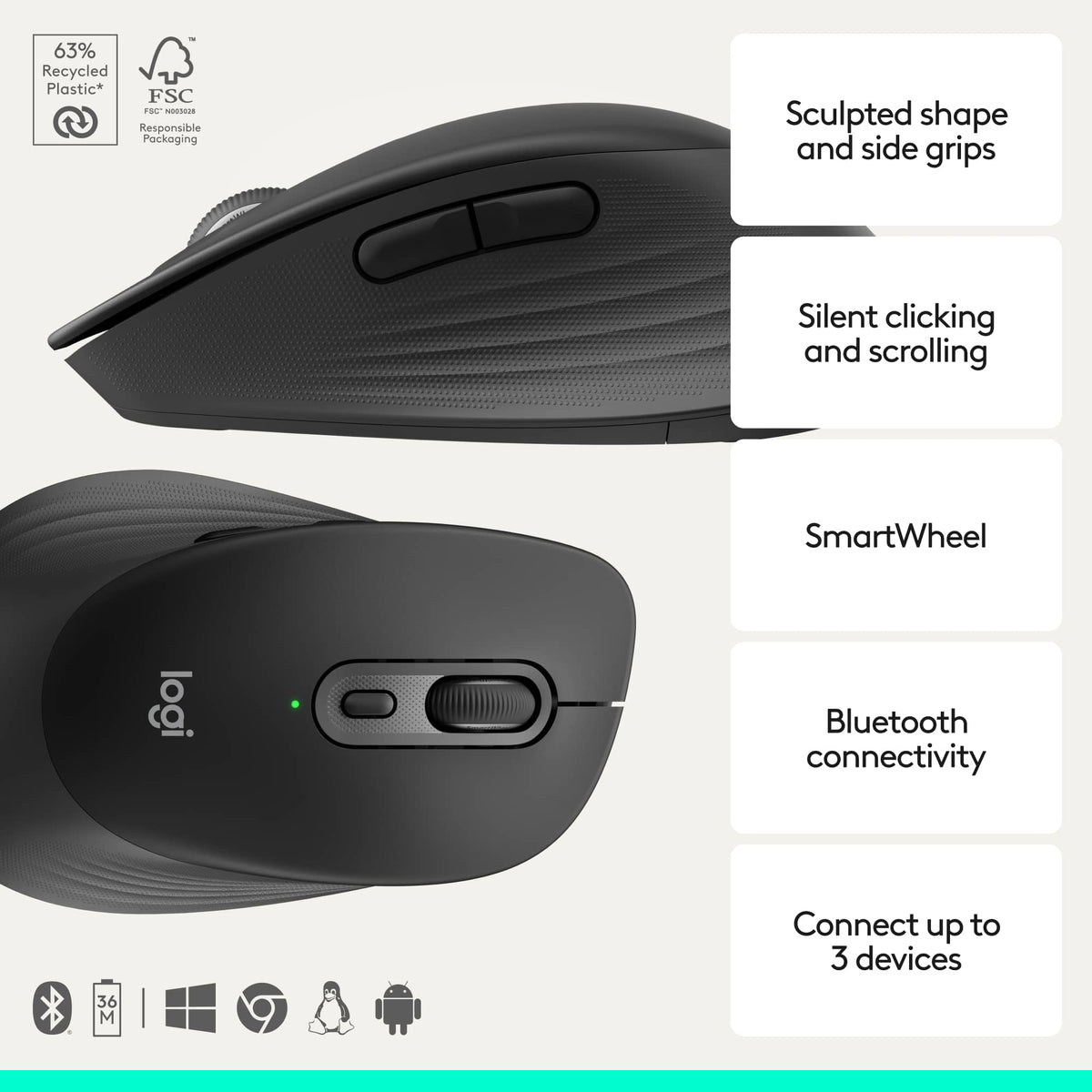 Logitech - Signature Comfort M840 L Wireless Bluetooth Mouse with Silent Clicks and Customizable Buttons - Wireless - Black