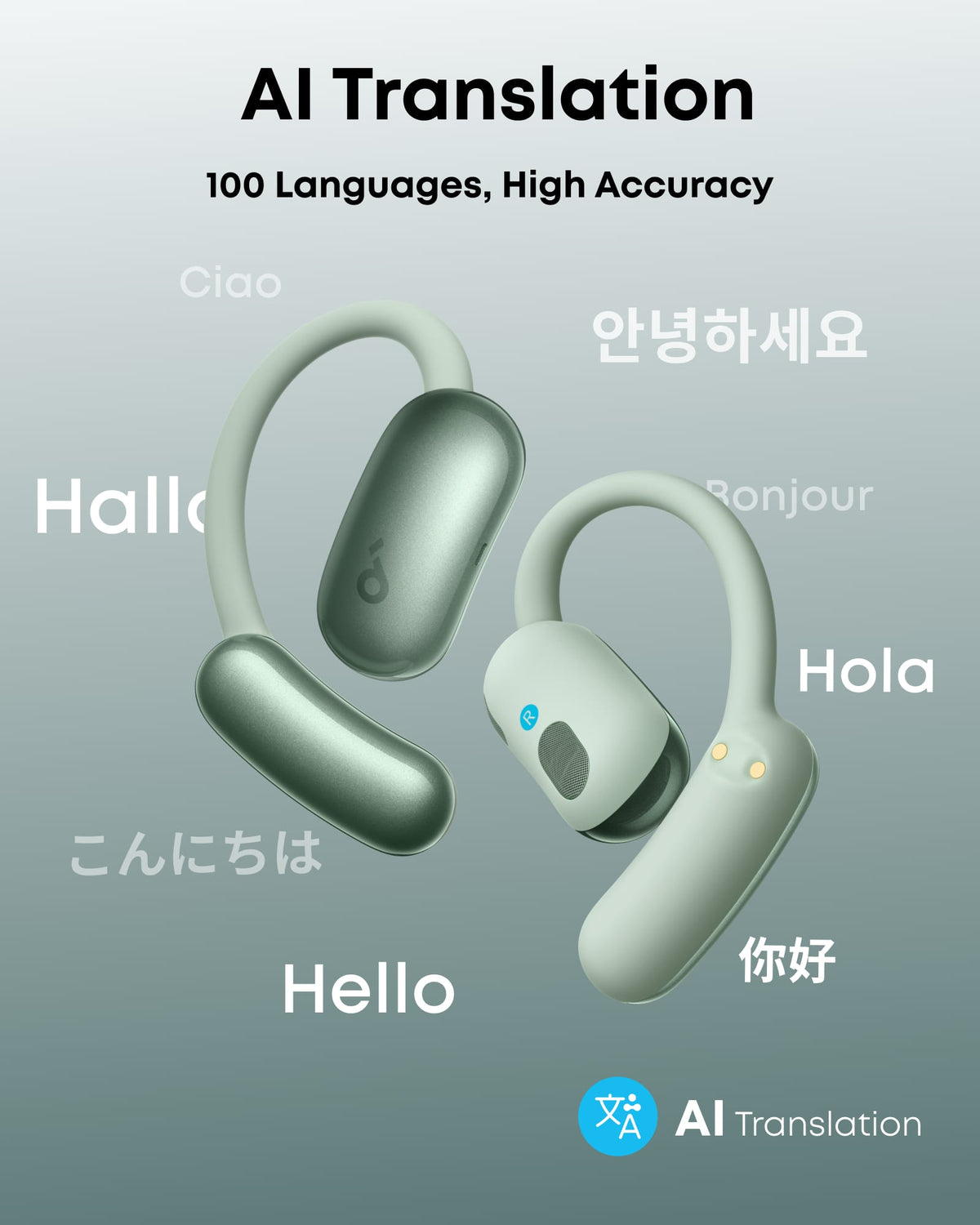 Soundcore - by Anker AeroFit 2 A.I. Assistant Open-Ear Bluetooth Headphones with Real-Time Translation and Adjustable Ear Hooks - Sage Green