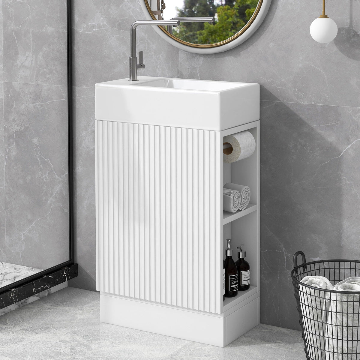 Tocador de baño moderno con lavabo y estante de 2 niveles