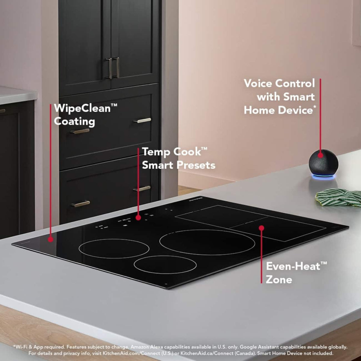 KitchenAid - 30 inch Wide 4 element Electric Induction Cooktop with 5 Cooking Zones and Temp Cook Induction Technology - Black
