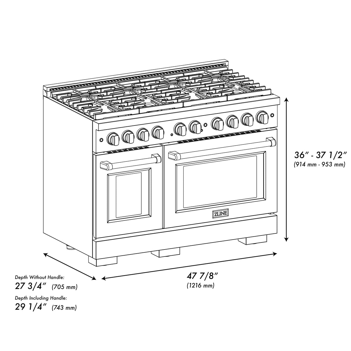 ZLINE - 48 in. Wide 8 Burner Autograph 6.7 Cu. Ft. Freestanding Paramount Gas Range with Polished Gold Helix Handles - Stainless Steel