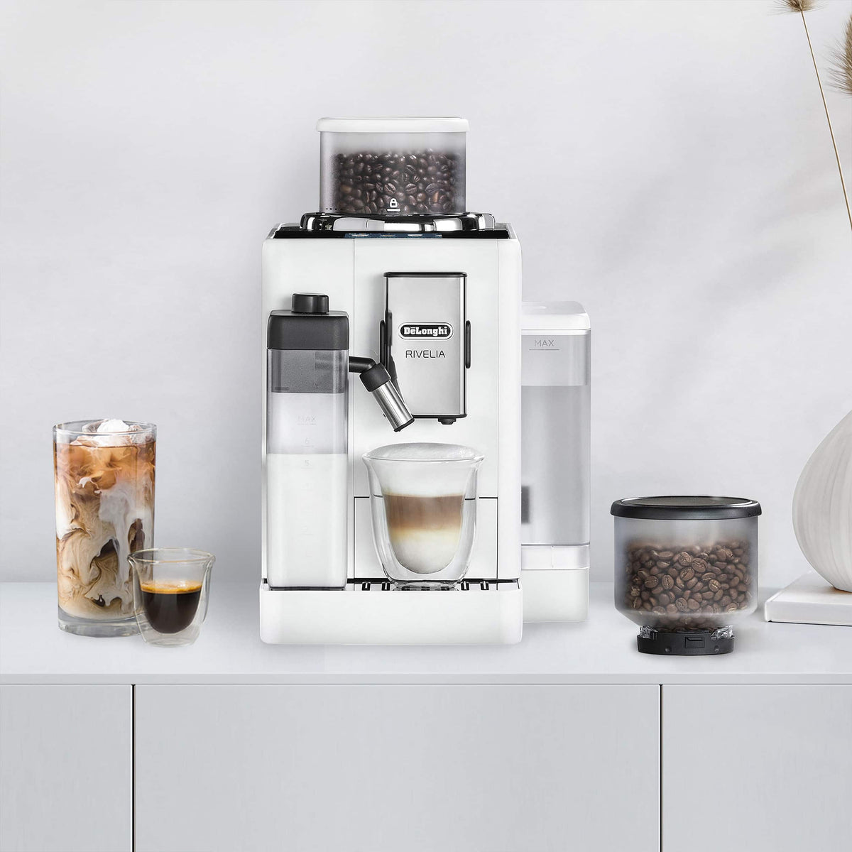 De'Longhi - Rivelia Fully Automatic Espresso Machine, Integrated Grinder, 2 Removable Bean Hoppers, Automatic Milk Frother - Arctic White