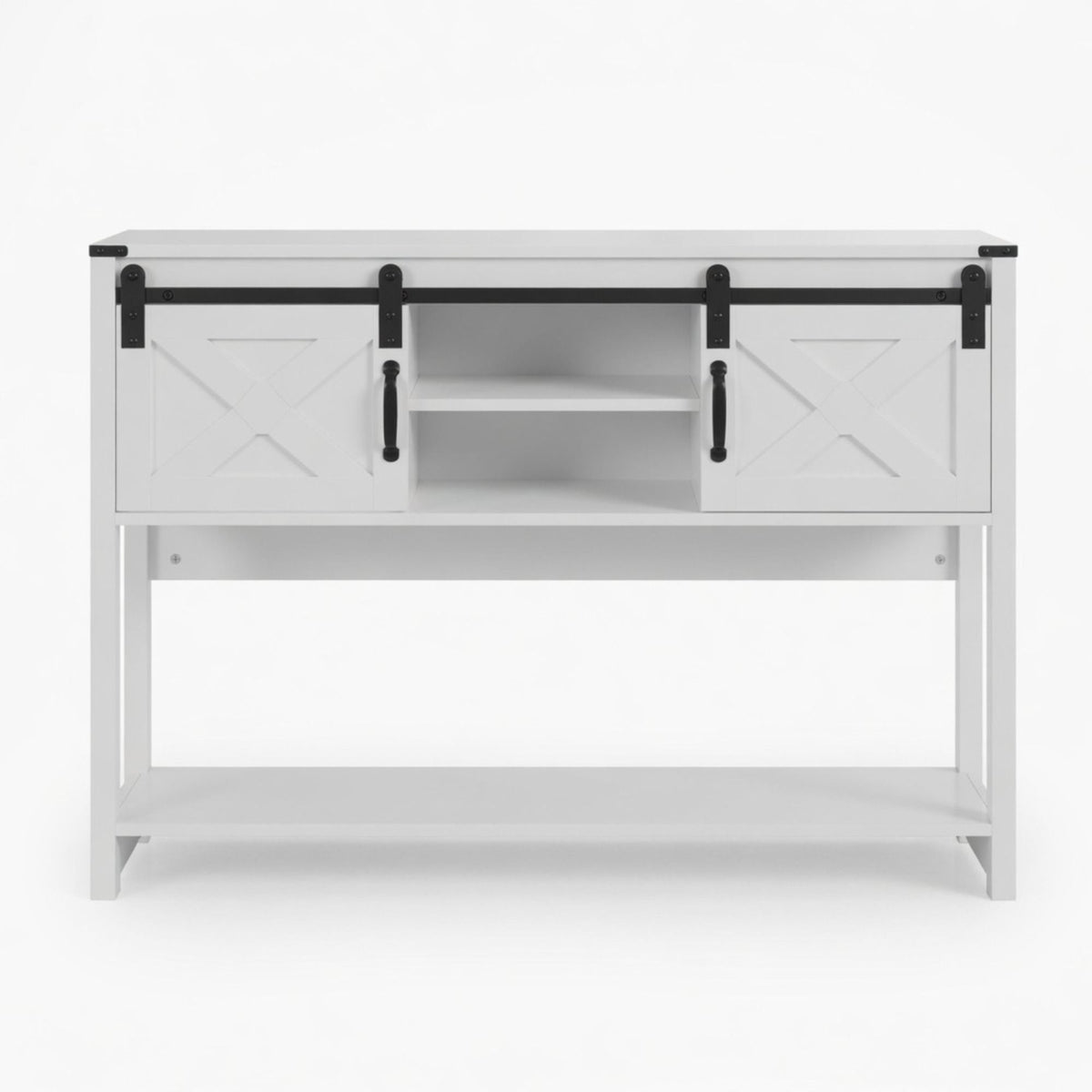 Mesa de entrada rústica con puerta corrediza estilo granero