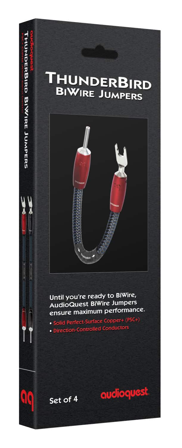AudioQuest - ThunderBird BiWire Jumpers 0.7' w/ 500 Series Connectors with Multi-Spade to Multi-Spade Connectors - Blue on Black